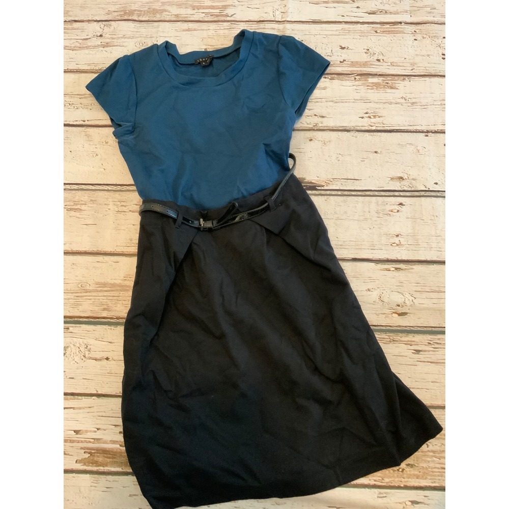 Theory Womens Short Sleeve Belted Two Tone Dress Teal Blue Black Size 4
